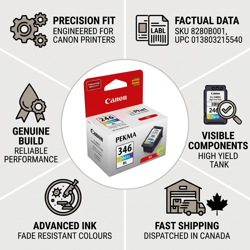 Infographie présentant la cartouche Canon CL-246XL et ses caractéristiques.