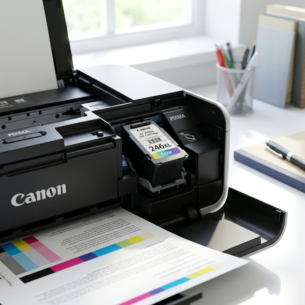 Cartouche d’encre Canon CL-246XL installée dans une imprimante PIXMA avec une page imprimée.