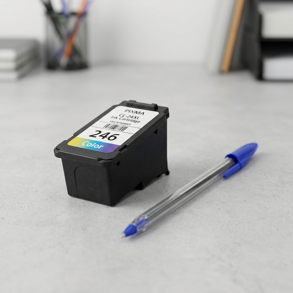 Cartouche Canon CL-246XL à côté d’un stylo pour illustrer son format.