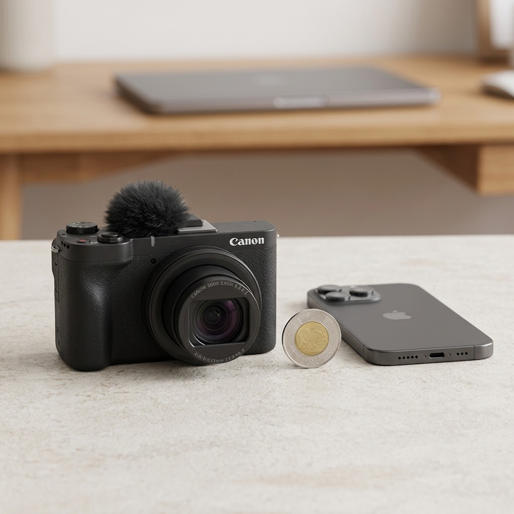 A crisp, front three-quarter view hero shot of the black Canon PowerShot V10 vlogging camera with its furry wind screen.