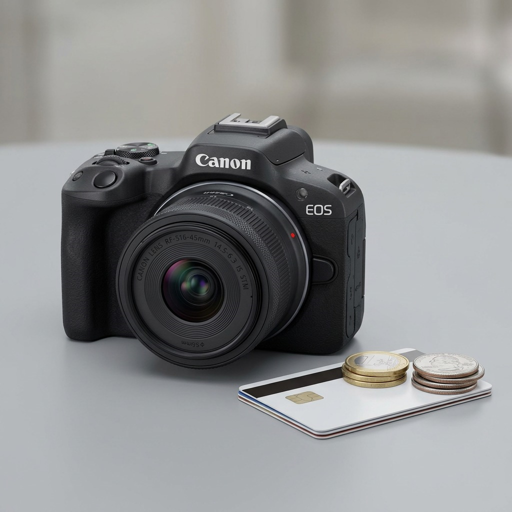 High-resolution hero shot of the Canon EOS R50 camera with RF-S 18-45mm lens.