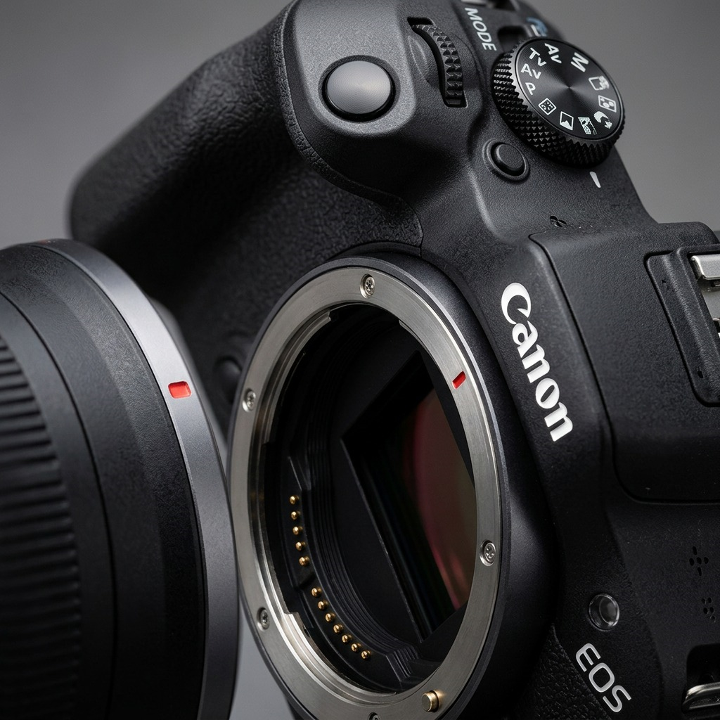 Hero shot of Canon EOS R100 camera with lens, on clean white background.