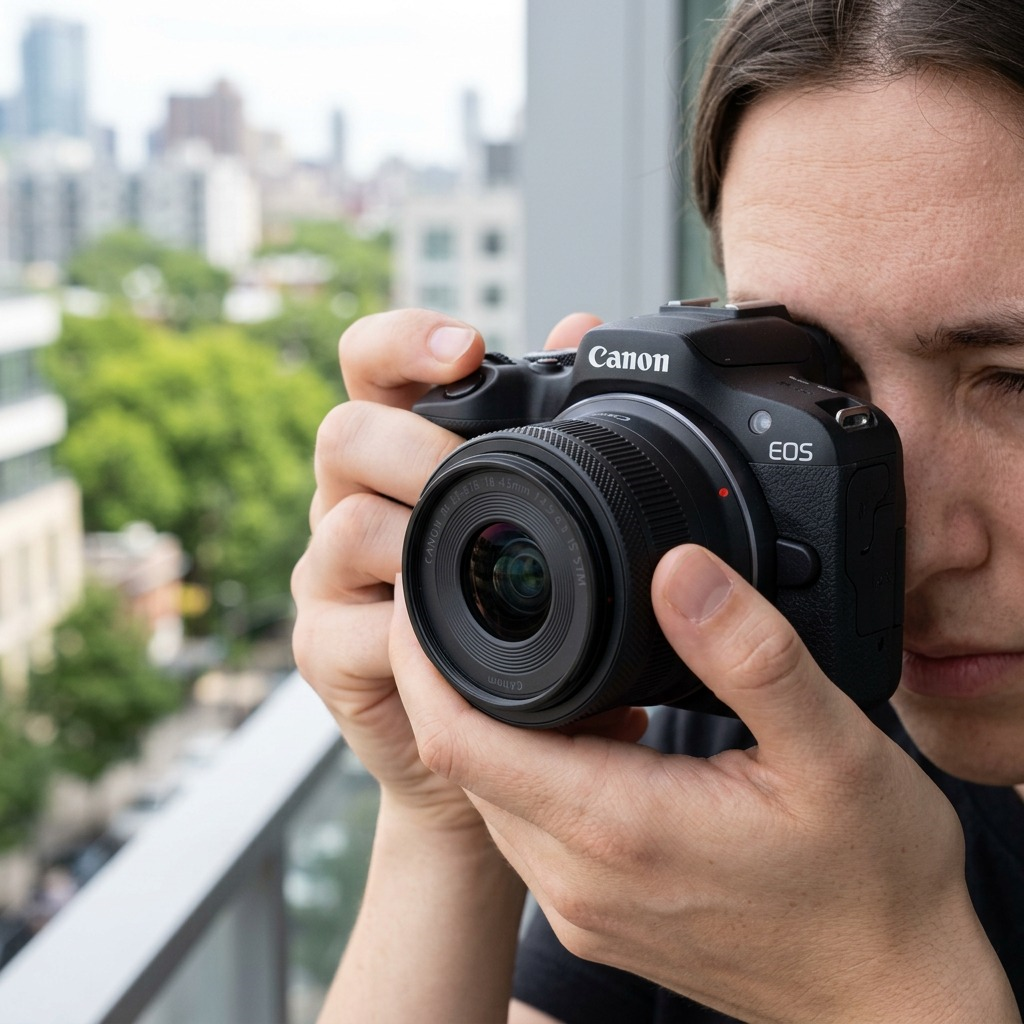 Appareil photo Canon EOS R100 tenu sur un balcon avec vue sur la ville.