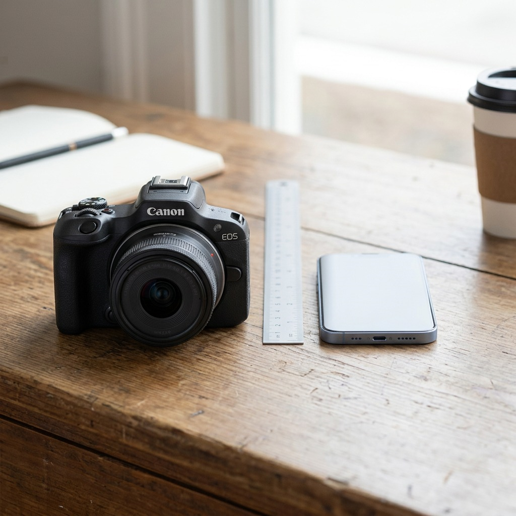 Canon EOS R100 avec objectif 18-45 mm à côté d’un téléphone pour comparer les dimensions.