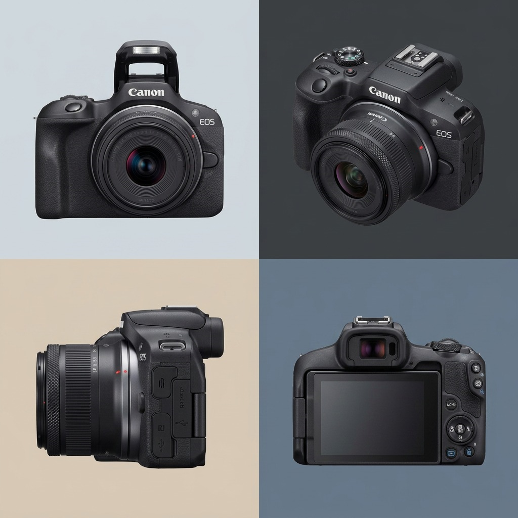 Canon EOS R100 et objectif RF-S 18-45 mm présentés sous différents angles.