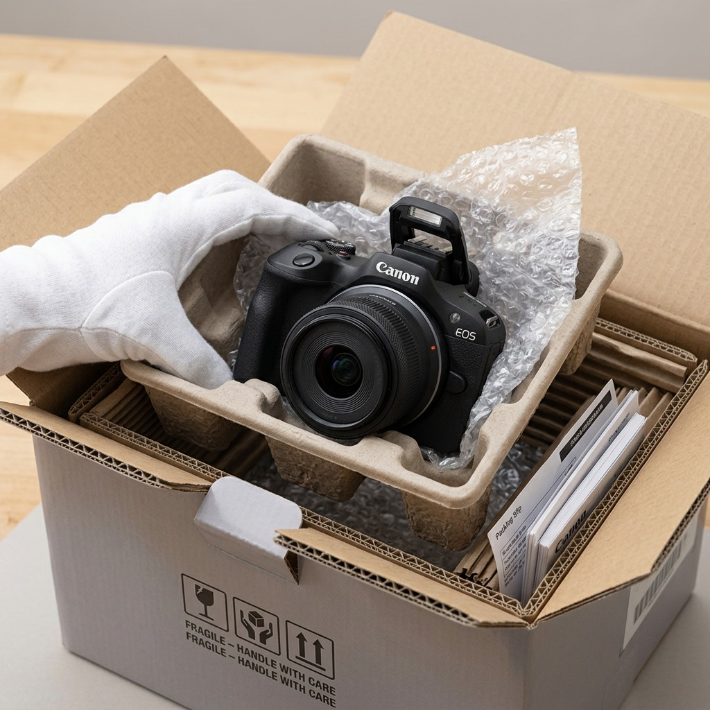 Appareil photo Canon EOS R100 avec objectif et protections dans une boîte d’expédition.