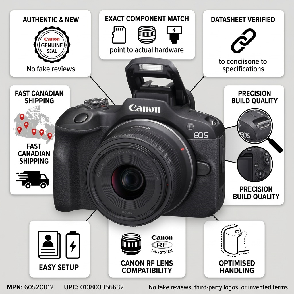 Infographie de l’ensemble Canon EOS R100 avec objectif et renseignements de livraison au Canada.