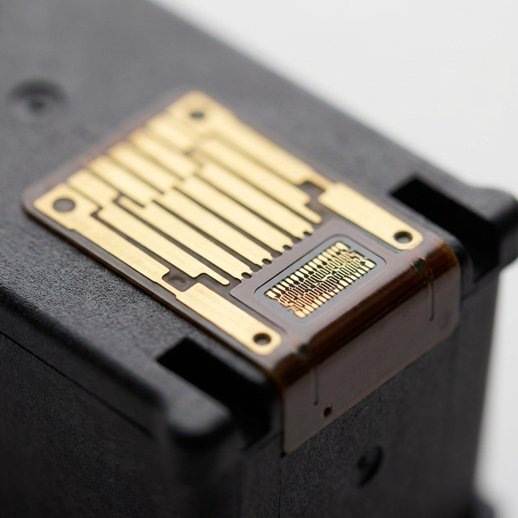 Gros plan sur les contacts électriques de la cartouche d’encre Canon CL-244.