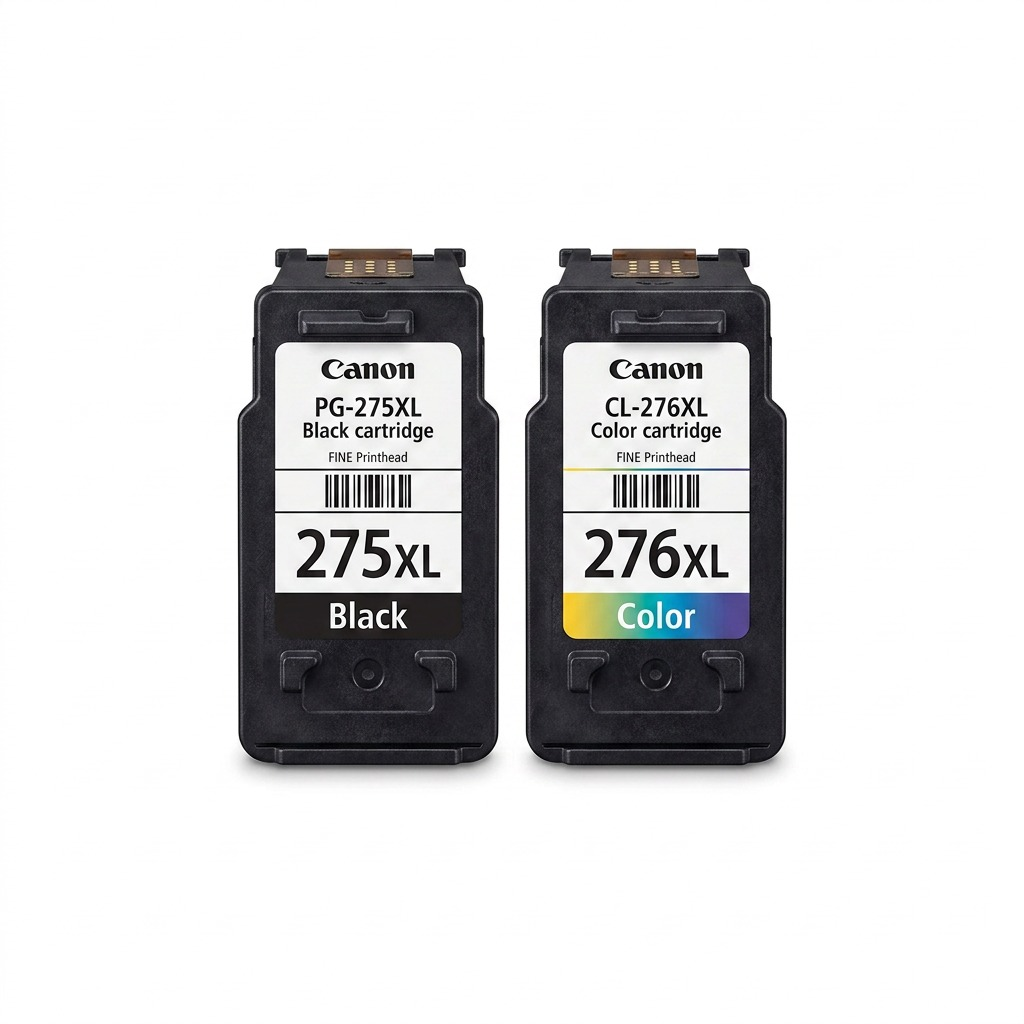 Ensemble de cartouches haute capacité Canon PG-275XL noire et CL-276XL couleur sur fond blanc.