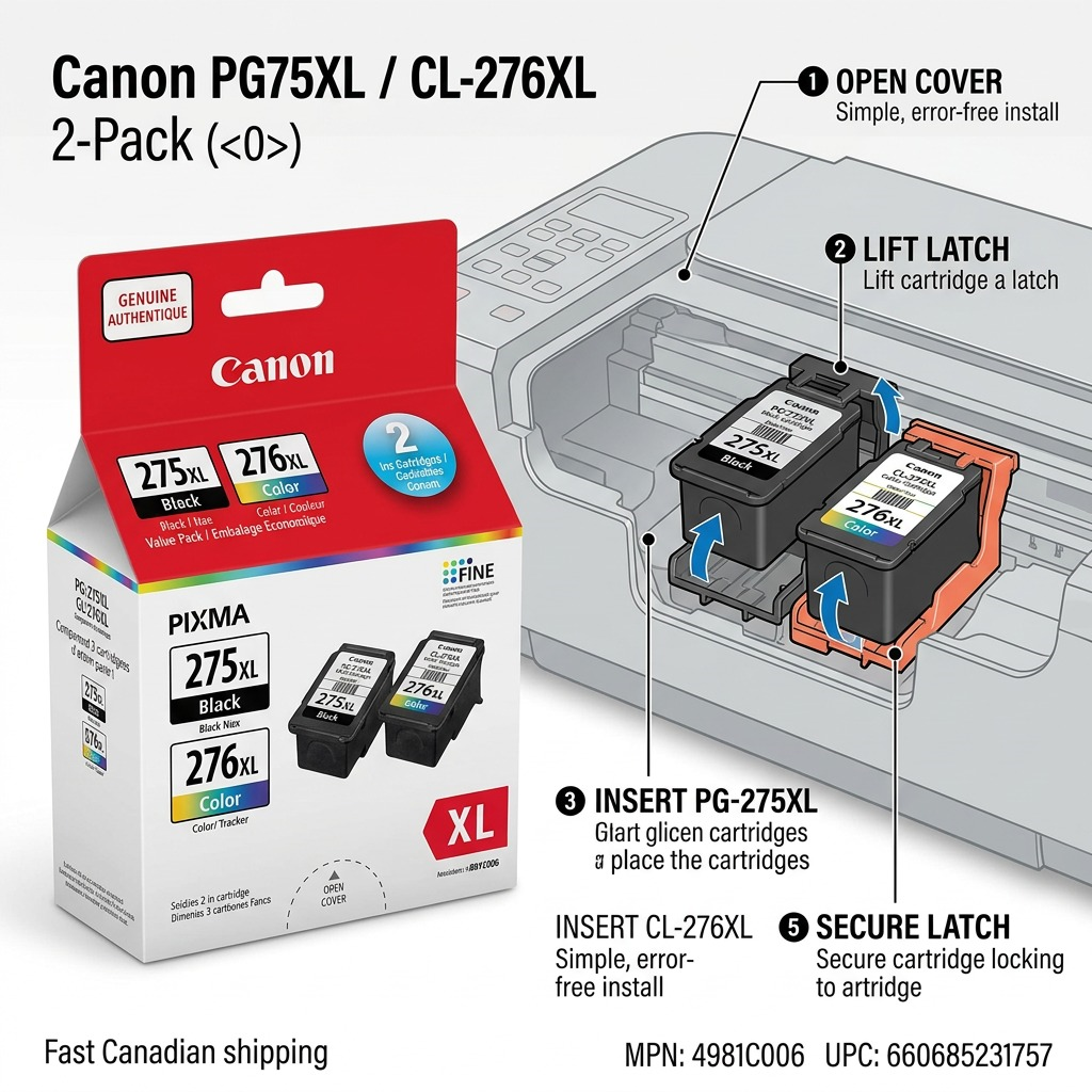 Infographie des étapes d’installation des cartouches Canon PG-275XL et CL-276XL.