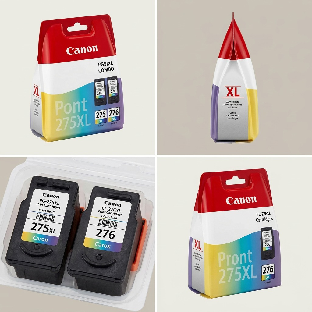 Ensemble Canon PG-275XL et CL-276XL présenté sous quatre angles.