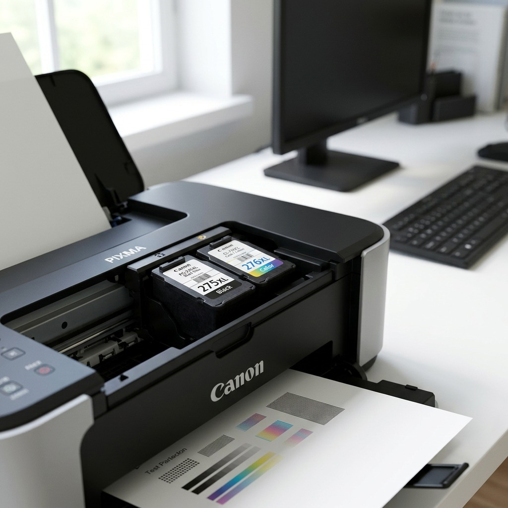 Cartouches Canon PG-275XL noire et CL-276XL couleur dans le support d’une imprimante.