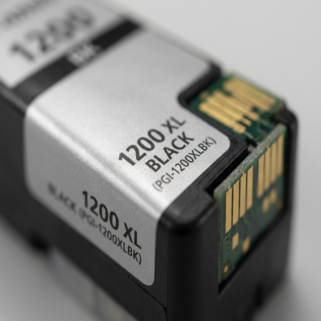 Gros plan sur les contacts de la cartouche d’encre noire Canon PGI-1200XL.