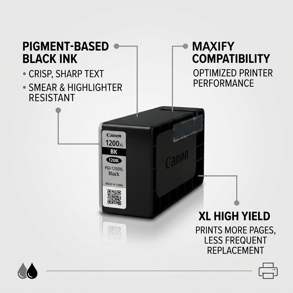 Infographie de la cartouche Canon PGI-1200XL présentant l’encre pigmentée, la capacité et la compatibilité.