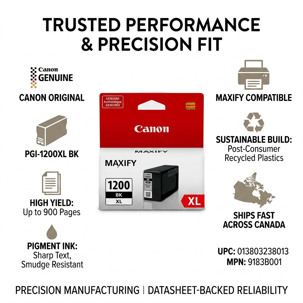 Infographie de la cartouche noire Canon PGI-1200XL et de la livraison au Canada.