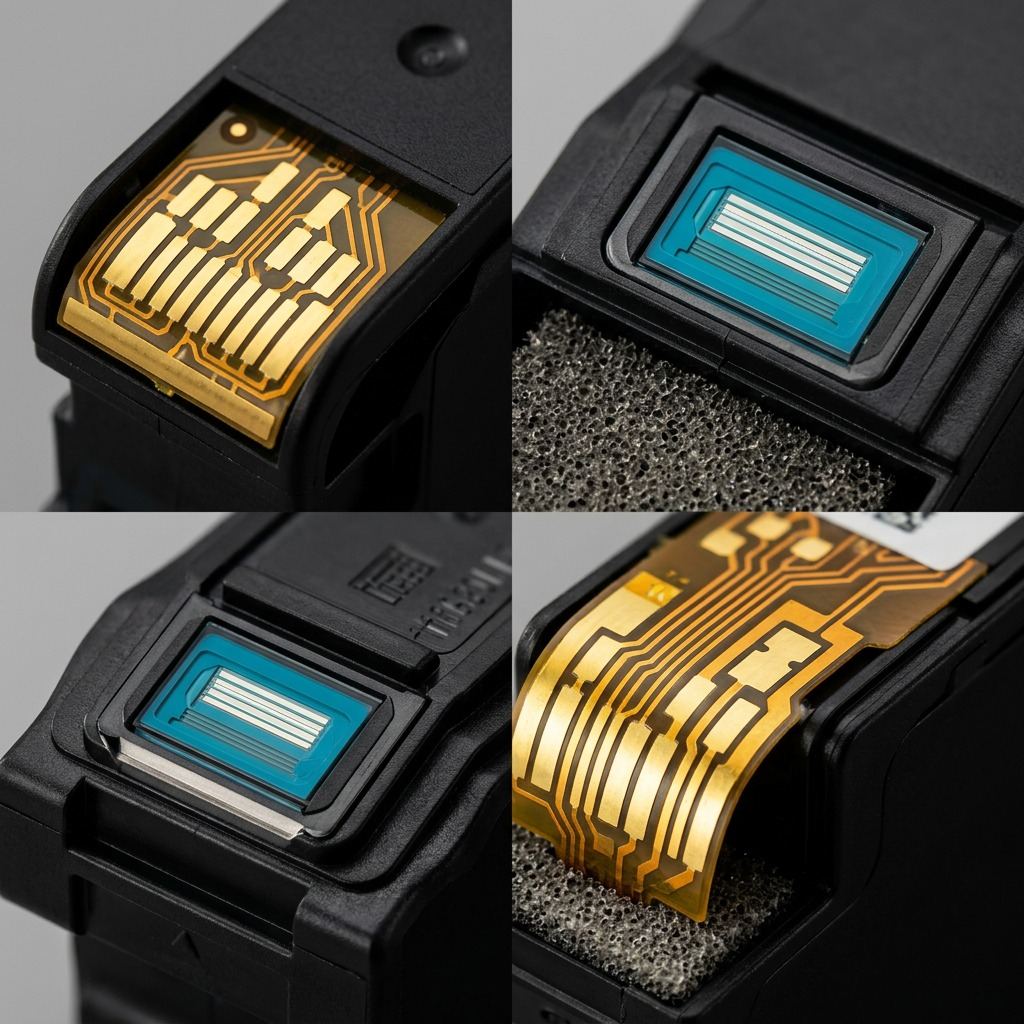 Gros plan sur les contacts et l’orifice d’un réservoir d’encre cyan Canon PGI-1200XL.