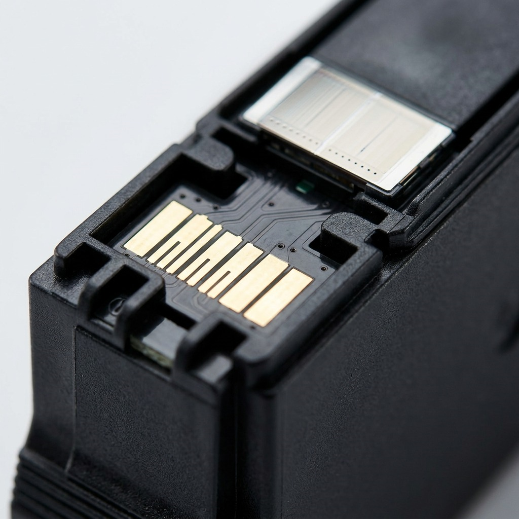 Gros plan sur les contacts de la puce d’une cartouche d’encre noire Canon PGI-1200XL.