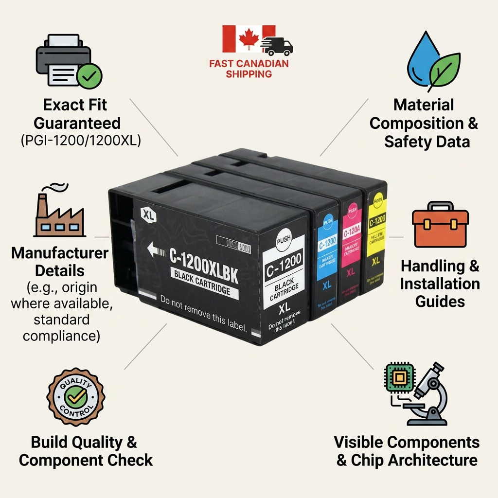 Infographie de l’ensemble Canon PGI-1200XL avec caractéristiques et informations de livraison.