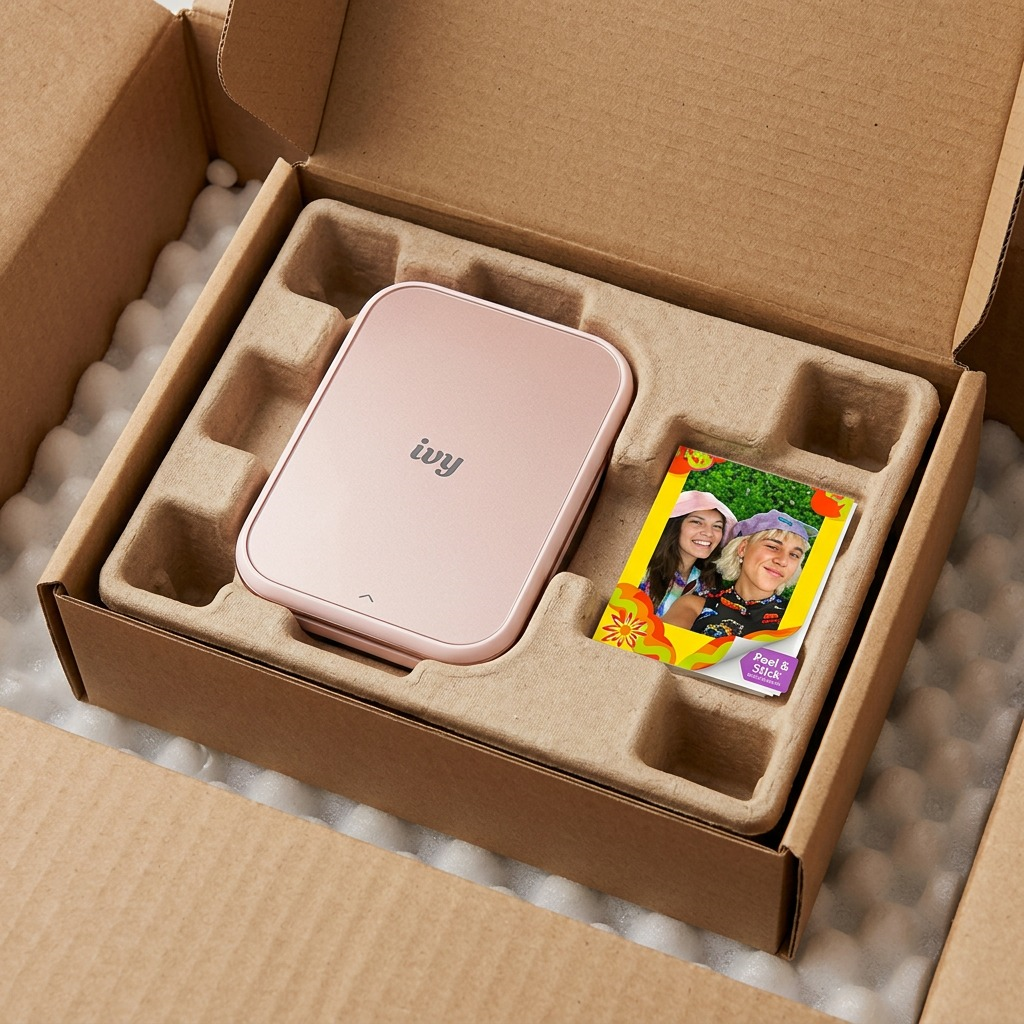 Mini-imprimante Canon IVY 2 rose retirée de son emballage avec protections.
