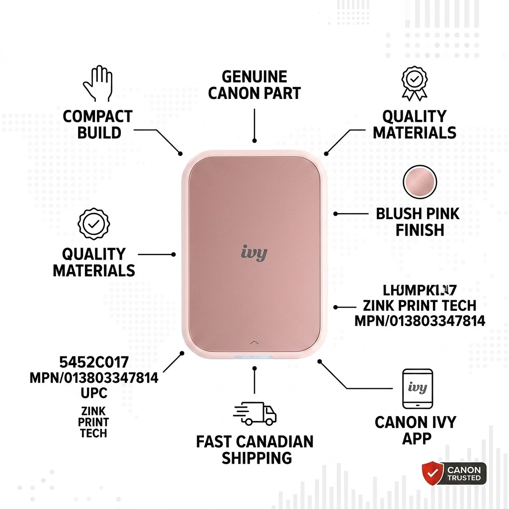 Infographie de la Canon IVY 2 présentant ses caractéristiques et la livraison au Canada.