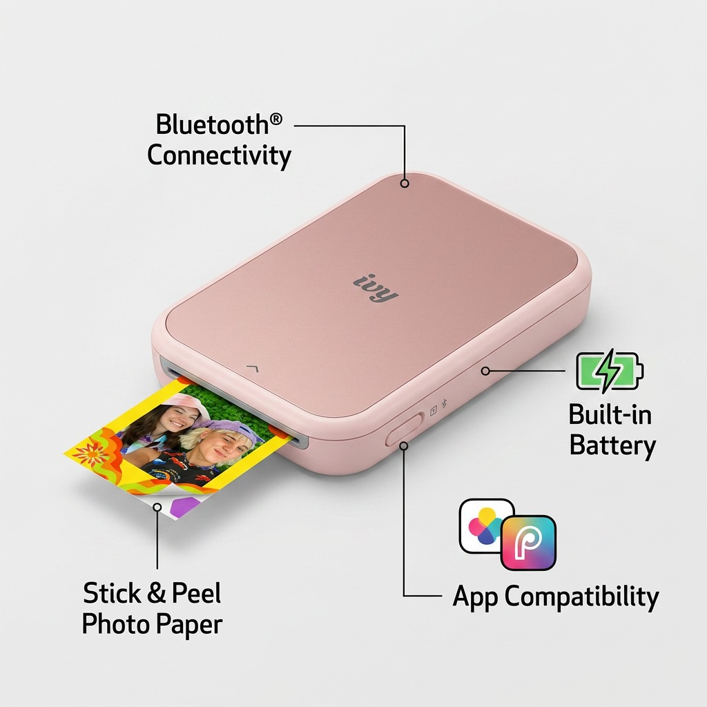 Infographie des principales fonctionnalités de la mini-imprimante Canon IVY 2.
