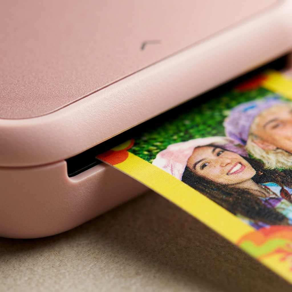 Gros plan sur le fini rose de la Canon IVY 2 et une petite photo autocollante imprimée.