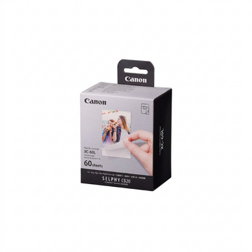 Boîte d’encre et papier photo Canon XC-60L sur fond blanc.