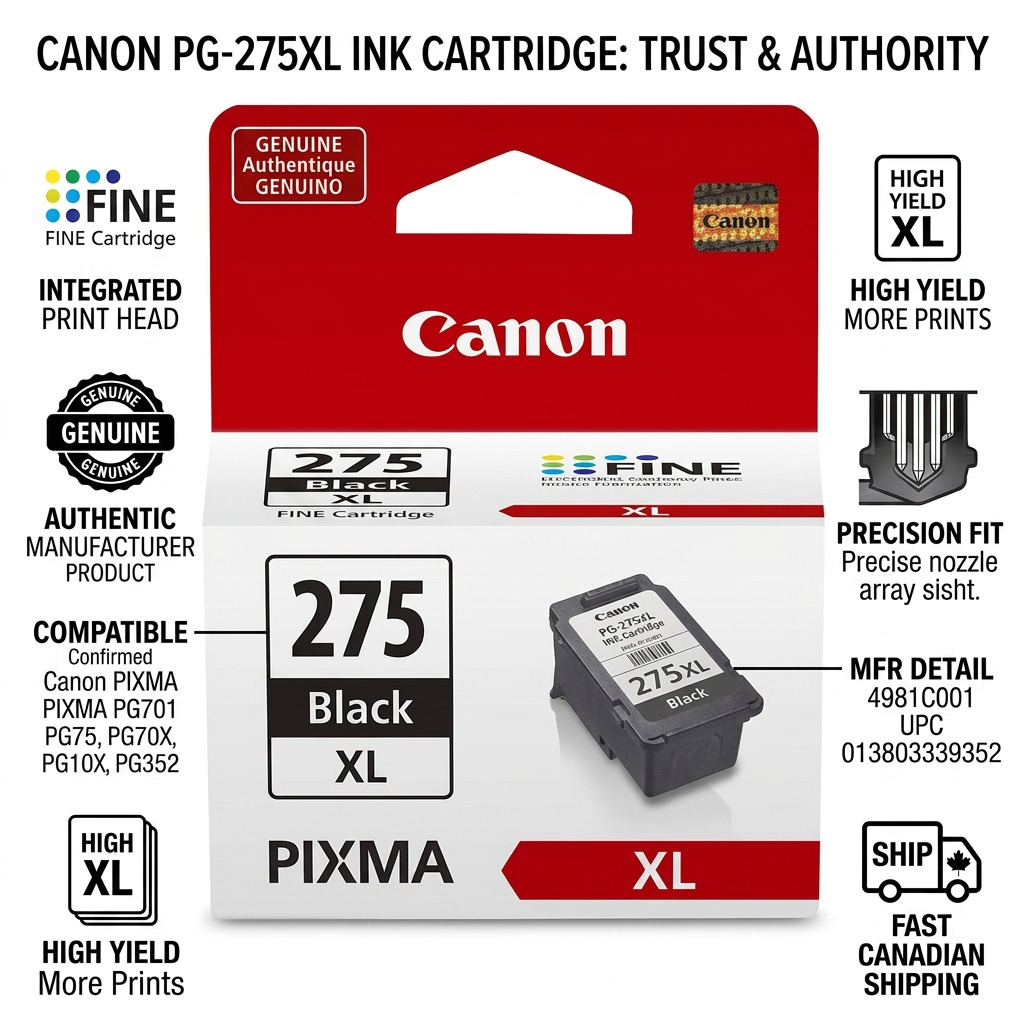 Infographie de la cartouche noire Canon PG-275XL et de la livraison au Canada.