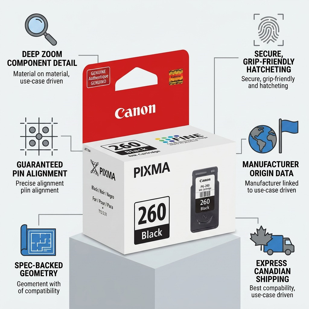 Infographie de la cartouche noire Canon PG-260 avec renseignements d’expédition au Canada.