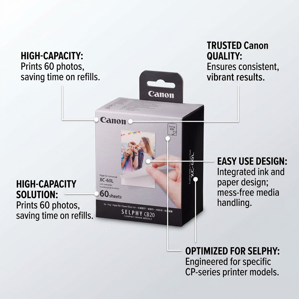 Infographie de l’ensemble d’encre et papier photo Canon XC-60L, capacité de 60 impressions.