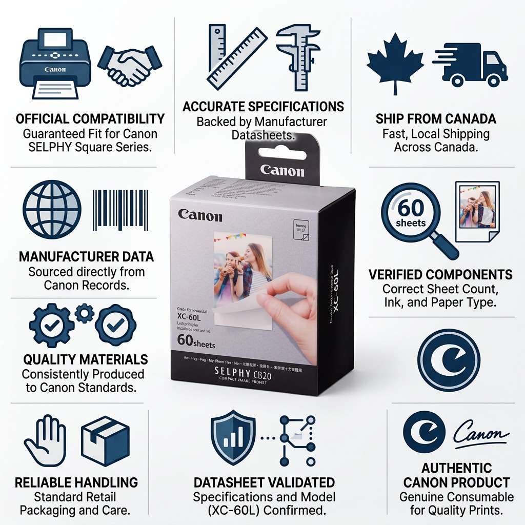 Infographie de l’ensemble Canon XC-60L présentant des renseignements de compatibilité.