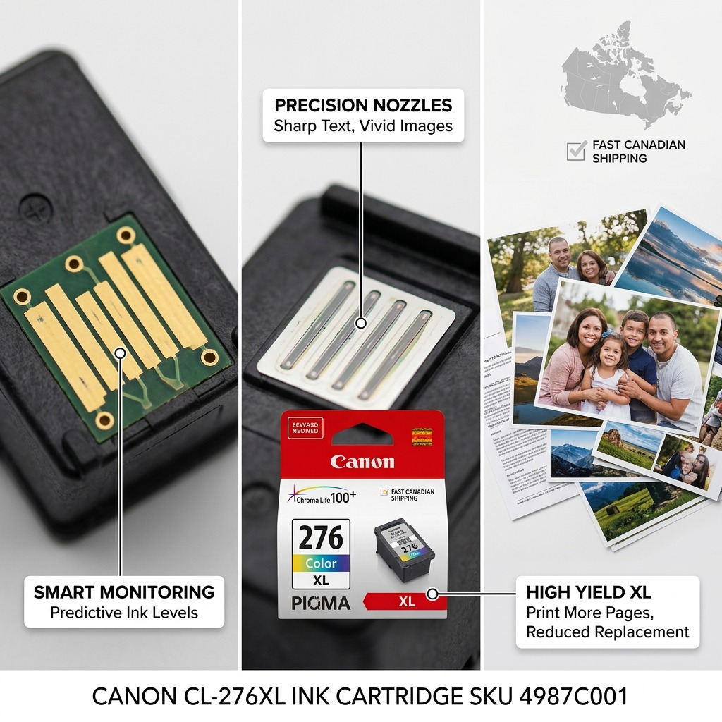 Infographie de la cartouche Canon CL-276XL avec annotations sur le rendement XL et l’impression couleur.