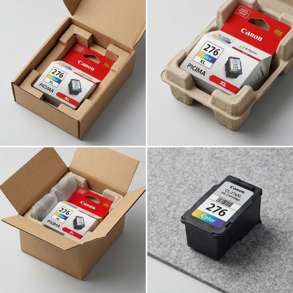 Cartouche couleur Canon CL-276XL présentée pendant son déballage protecteur.