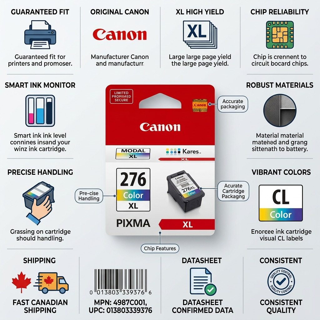 Infographie de la cartouche Canon CL-276XL présentant ses caractéristiques et la livraison au Canada.
