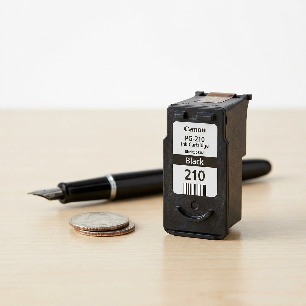 High-resolution 3D render of a single Canon PG-210 Black ink cartridge, as seen from the packaging.