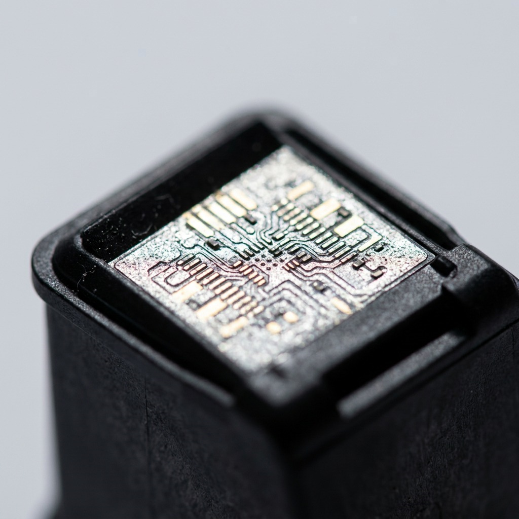Gros plan sur les contacts électriques de la cartouche d’encre Canon PG-210.