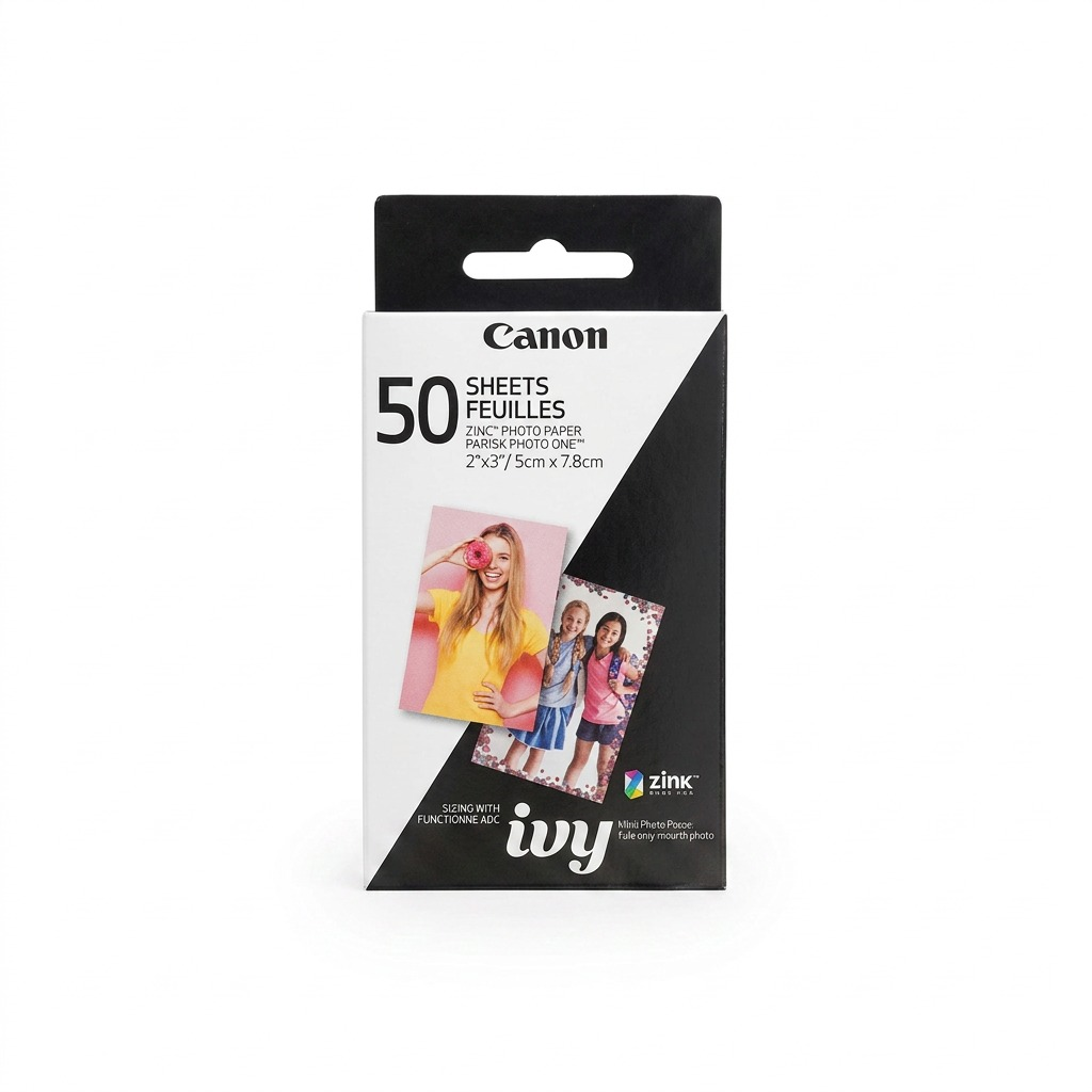 Boîte de 50 feuilles photo Canon ZINK 2 × 3 po sur fond blanc.