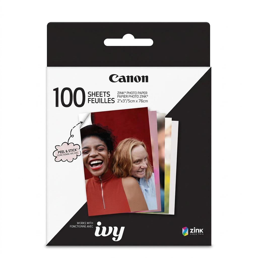 Boîte de papier photo Canon IVY ZINK 2 × 3 po, paquet de 100 feuilles, sur fond blanc.