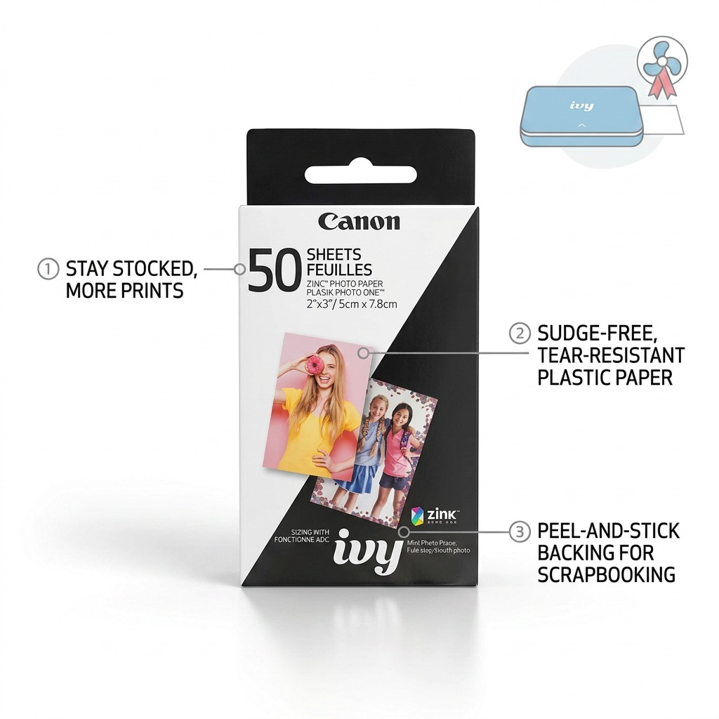 Infographie du papier photo Canon ZINK 50 feuilles pour mini-imprimante Canon IVY.