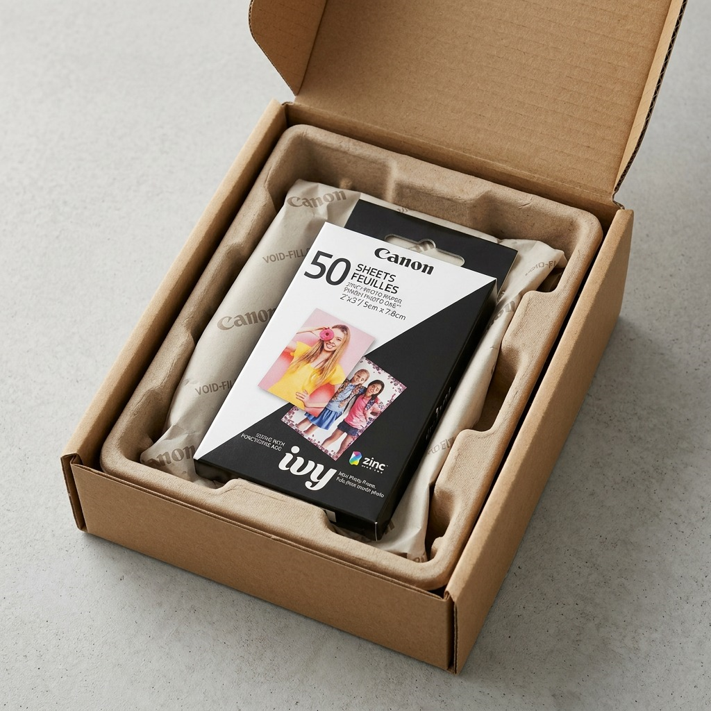 Gros plan sur l’emballage du papier photo Canon IVY ZINK 50 feuilles.