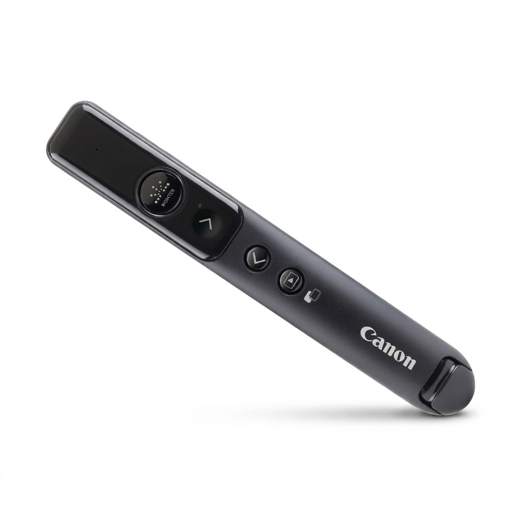 Présentateur sans fil Canon PR1100-R avec commandes et pointeur laser rouge sur fond blanc.