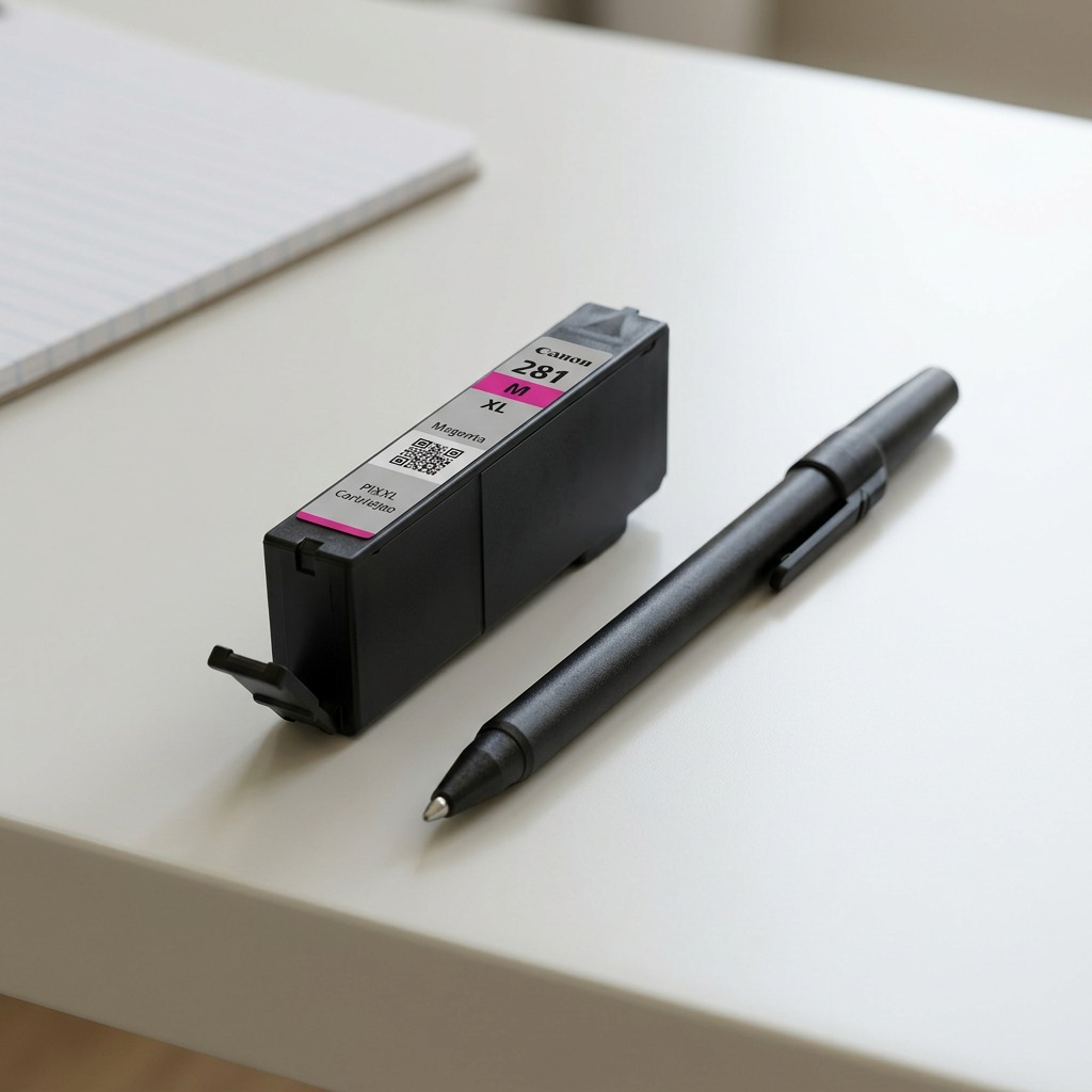 High-resolution 3D render of the Canon CLI-281XL Magenta ink cartridge, focused on product details.