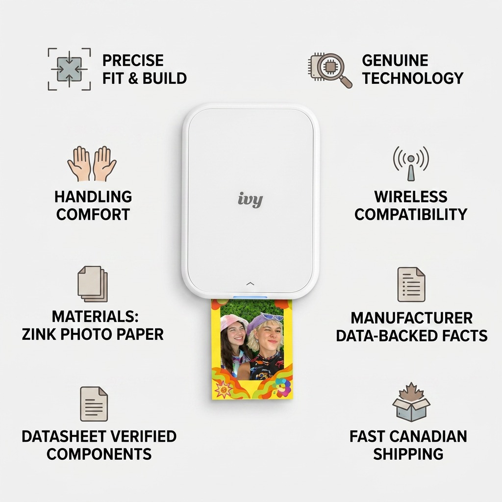 Infographie de la mini-imprimante photo Canon IVY 2 et de ses caractéristiques.