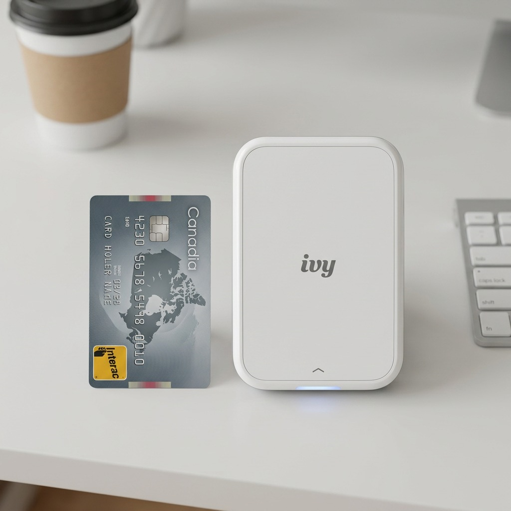Mini-imprimante Canon IVY 2 à côté d’une carte de débit pour illustrer son format.