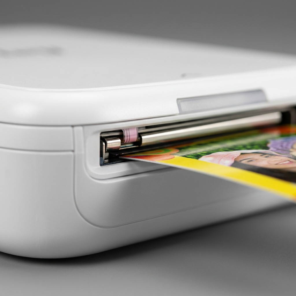 Gros plan sur un élément du mécanisme d’impression de la mini-imprimante blanche Canon IVY 2.