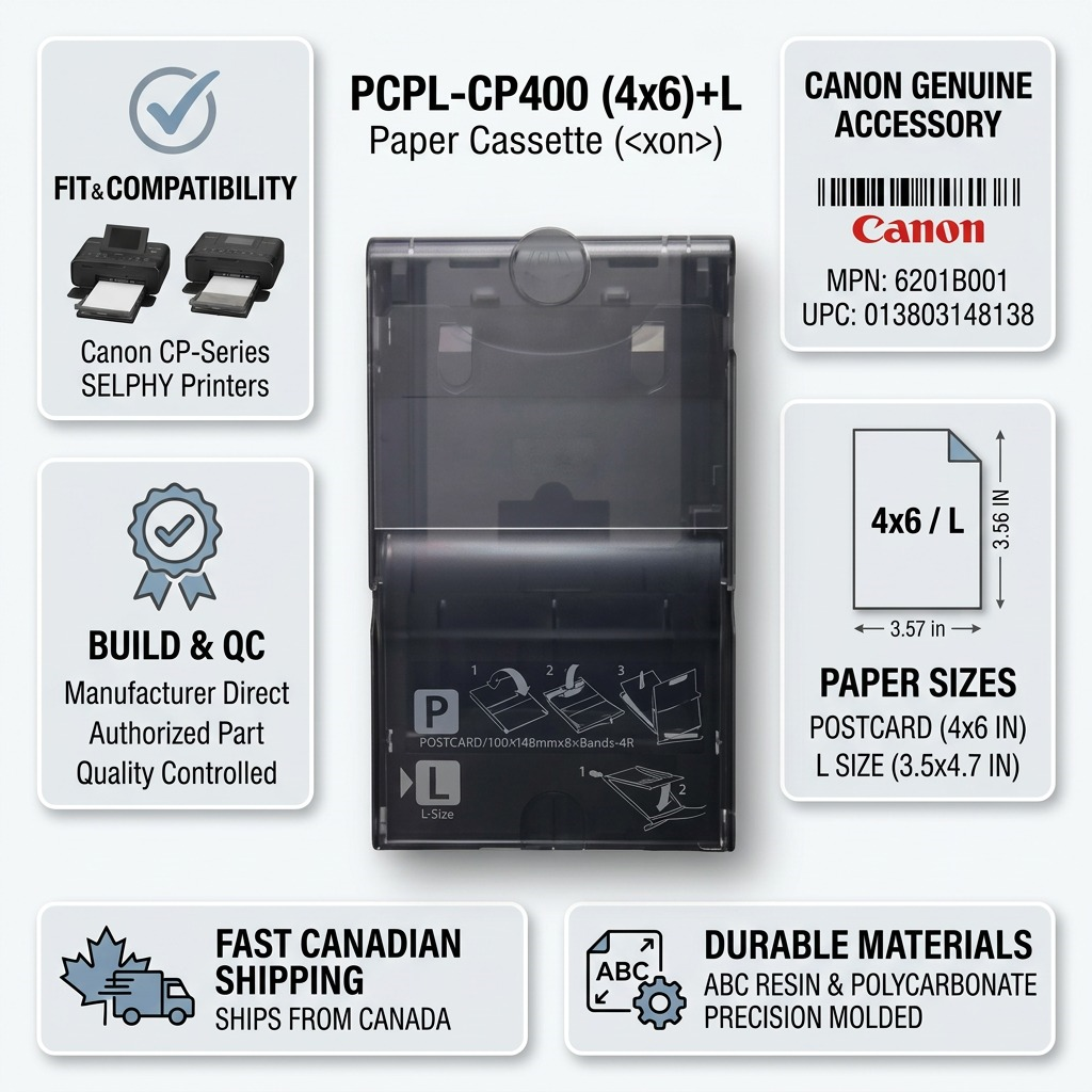 Infographie de la cassette à papier Canon PCPL-CP400 avec pictogrammes descriptifs.