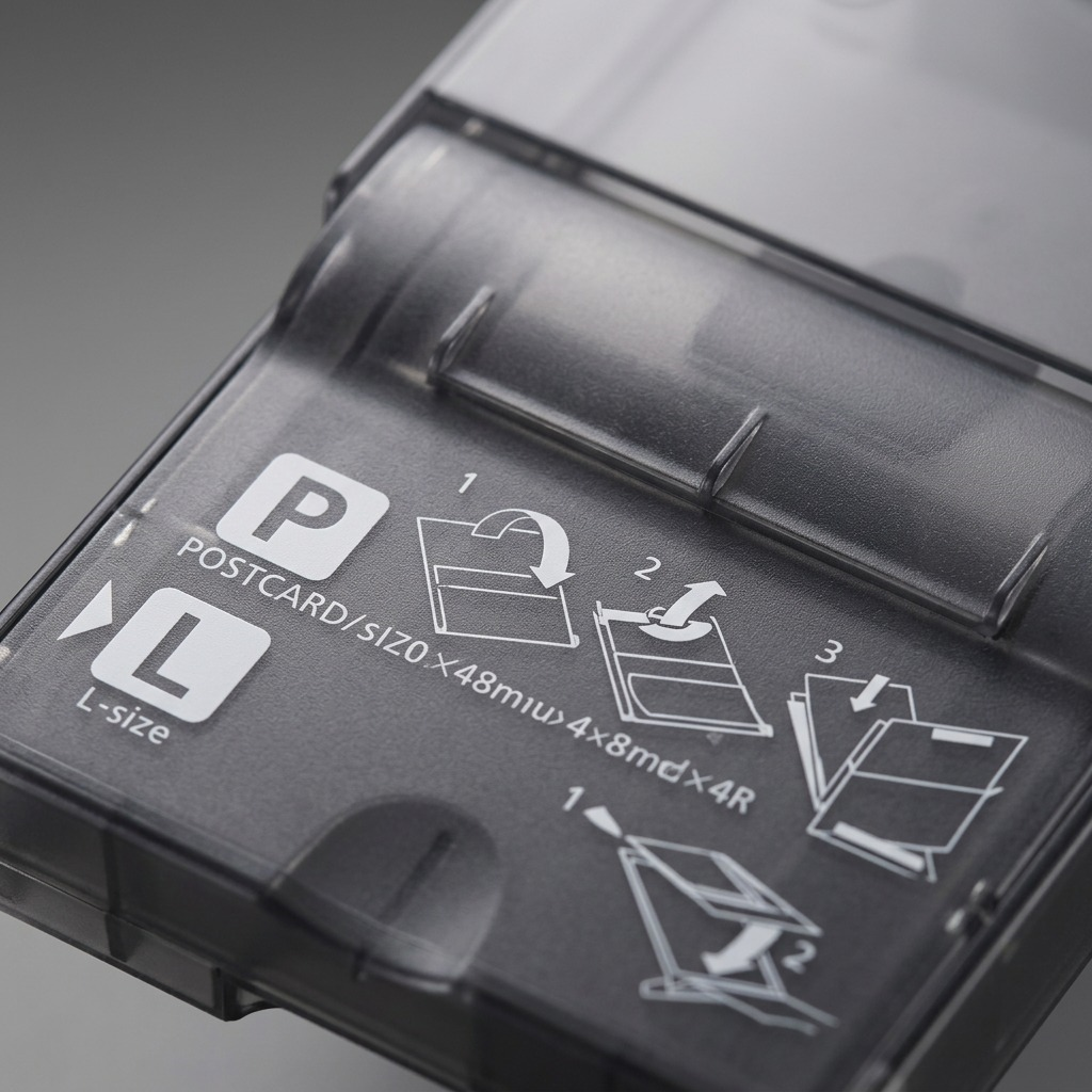 Gros plan sur les repères et inscriptions de la cassette papier Canon PCPL-CP400.