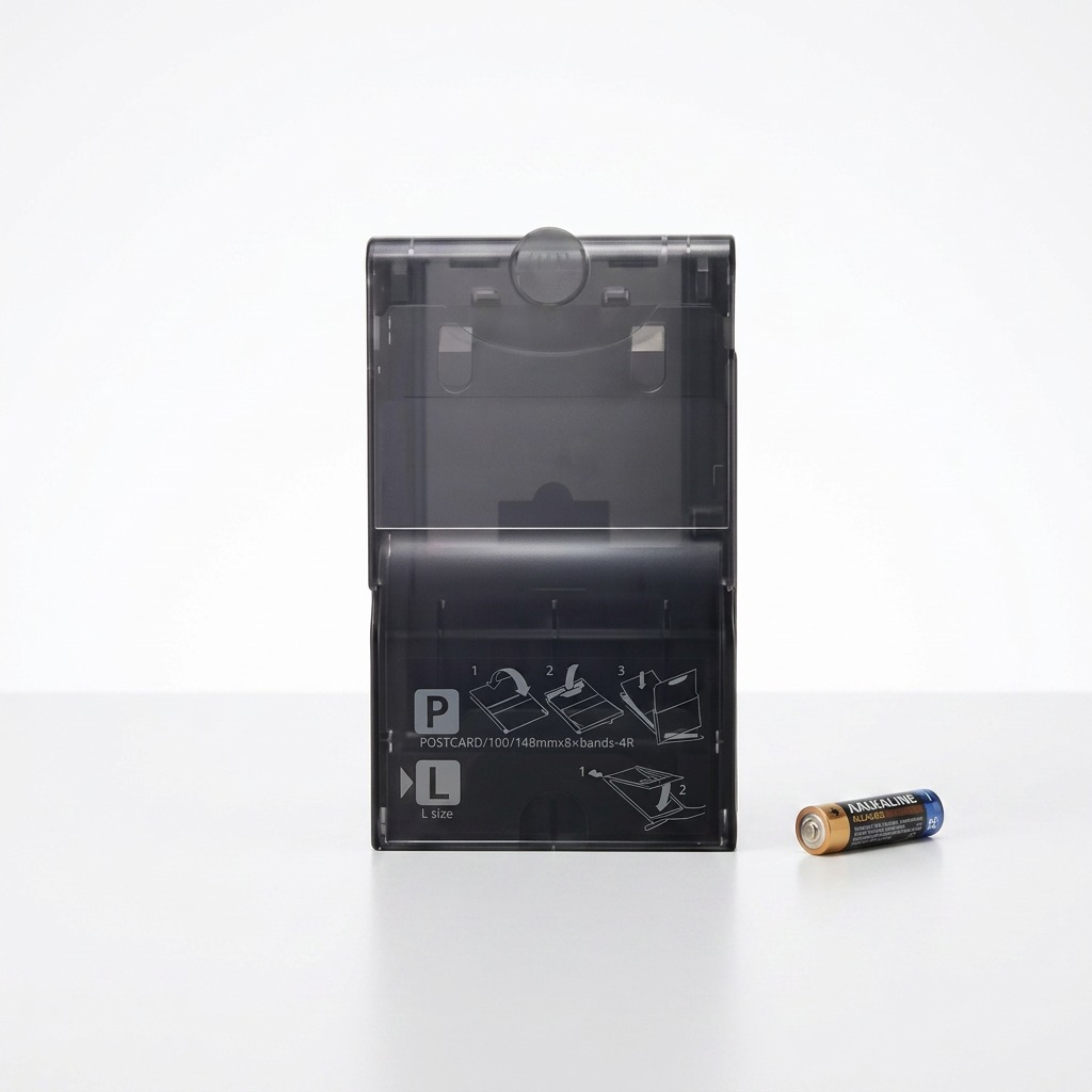 Cassette Canon PCPL-CP400 à côté d’une pile AA pour illustrer ses dimensions.