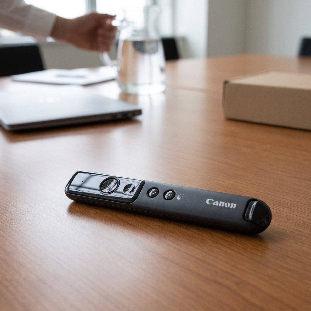 Présentateur sans fil Canon PR1100-R sur une table de conférence en bois.