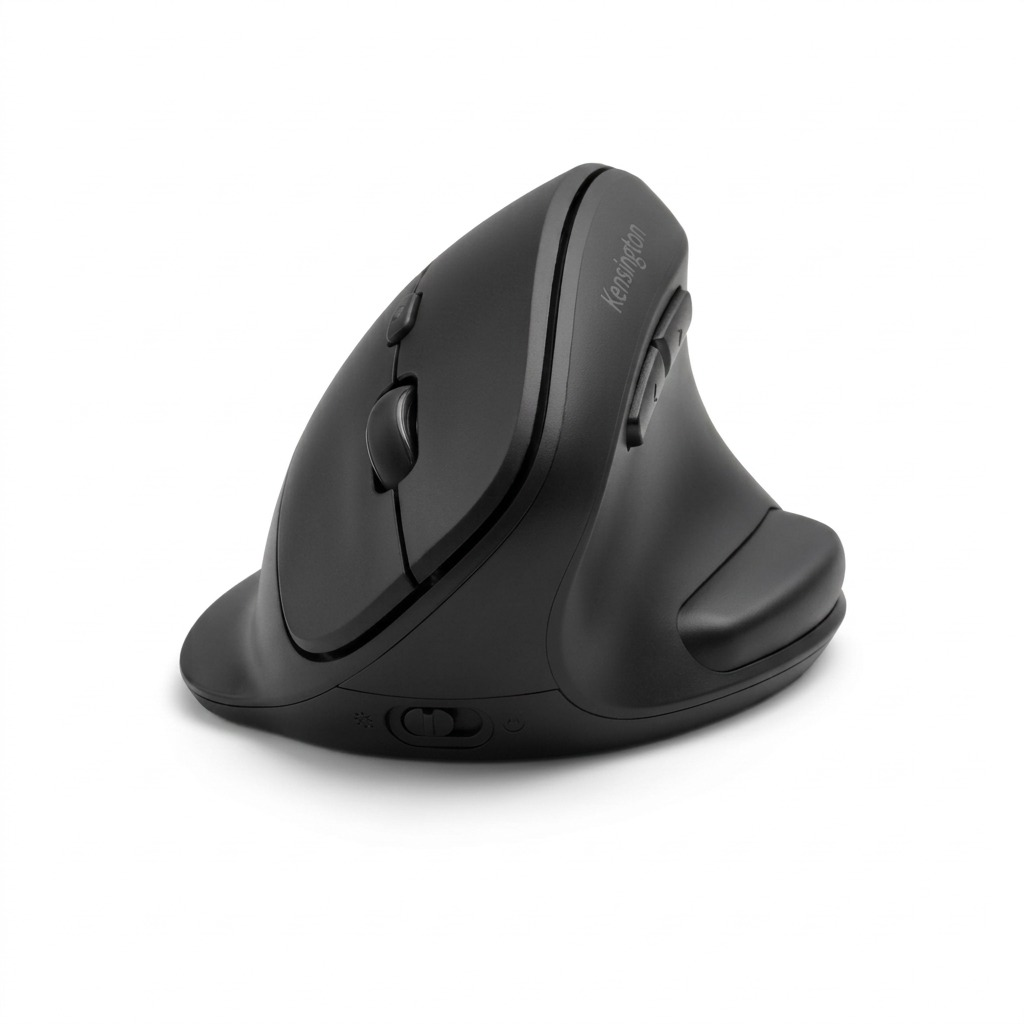 Kensington Pro Fit Ergo left-handed wireless mouse in black, featuring a 41-degree vertical slant.